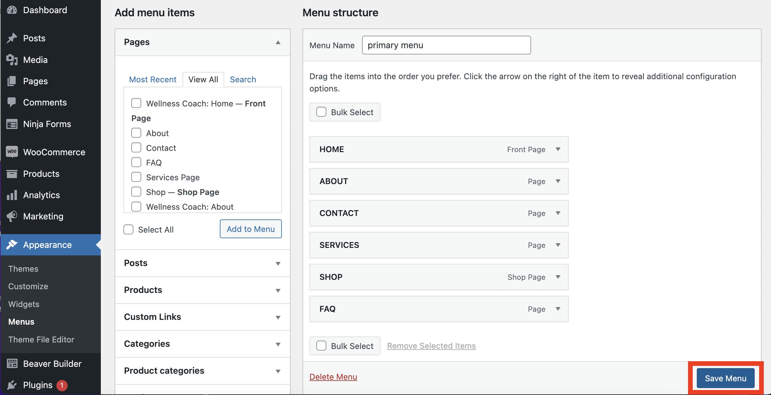 Beaver Builder appearance menu > save menu