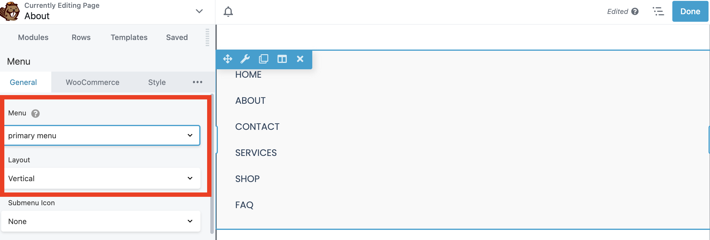 Beaver Builder menu module general tab
