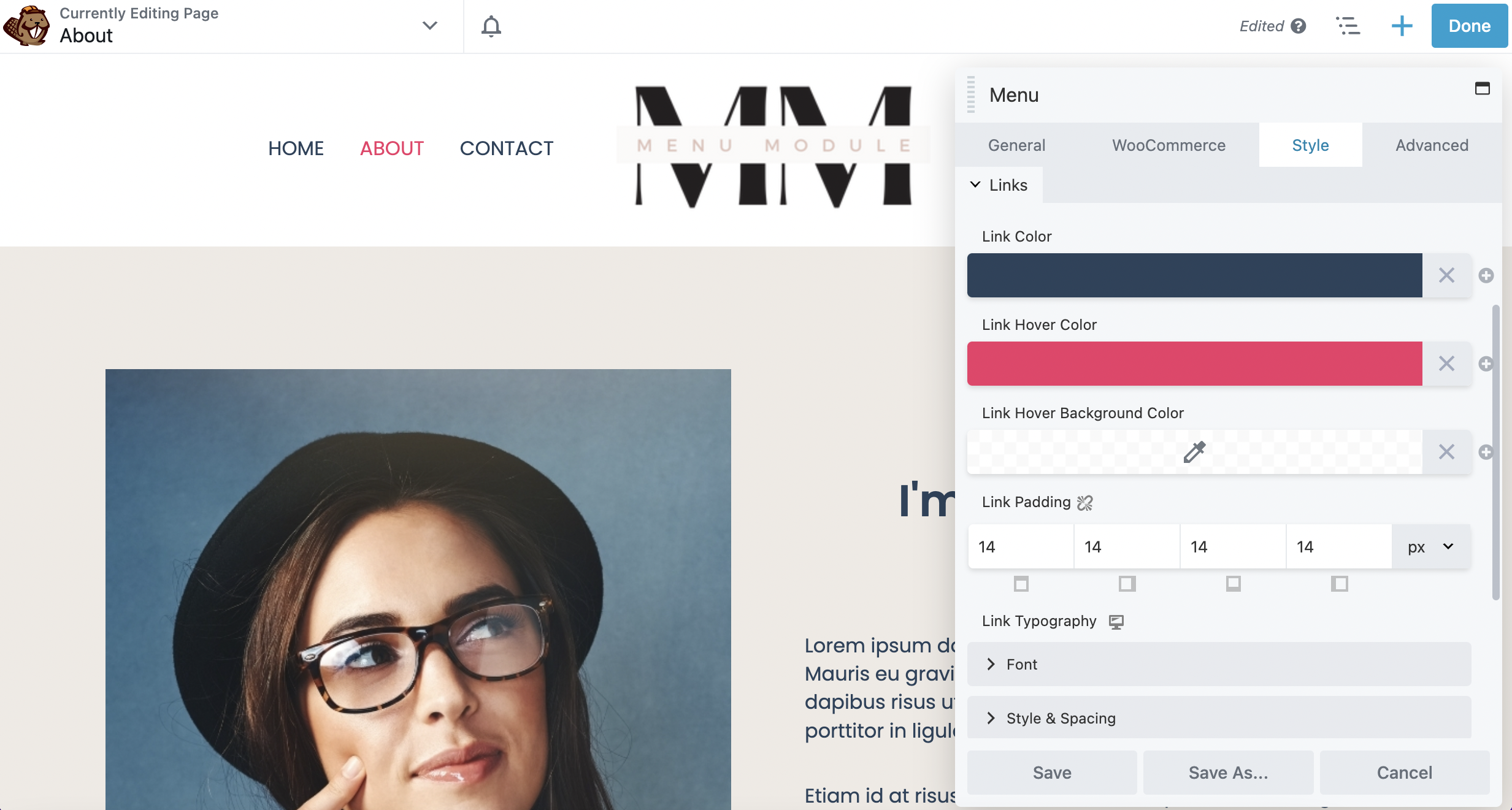 Beaver Builder menu module links tab