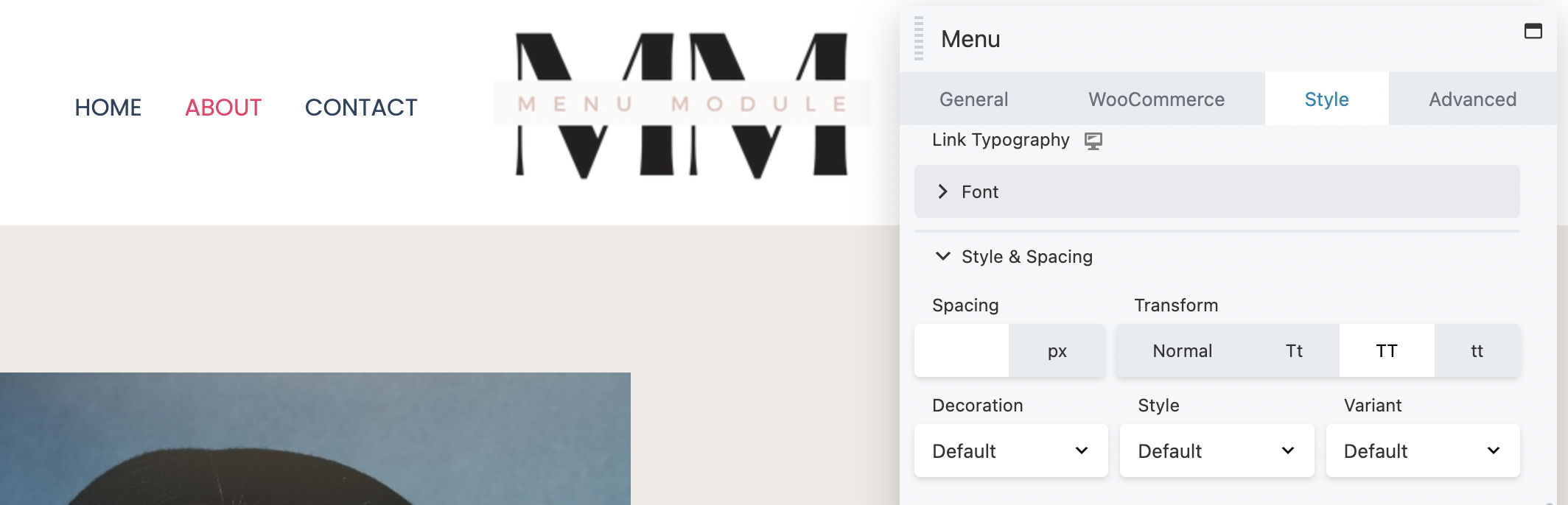 Beaver Builder menu module style tab transform font