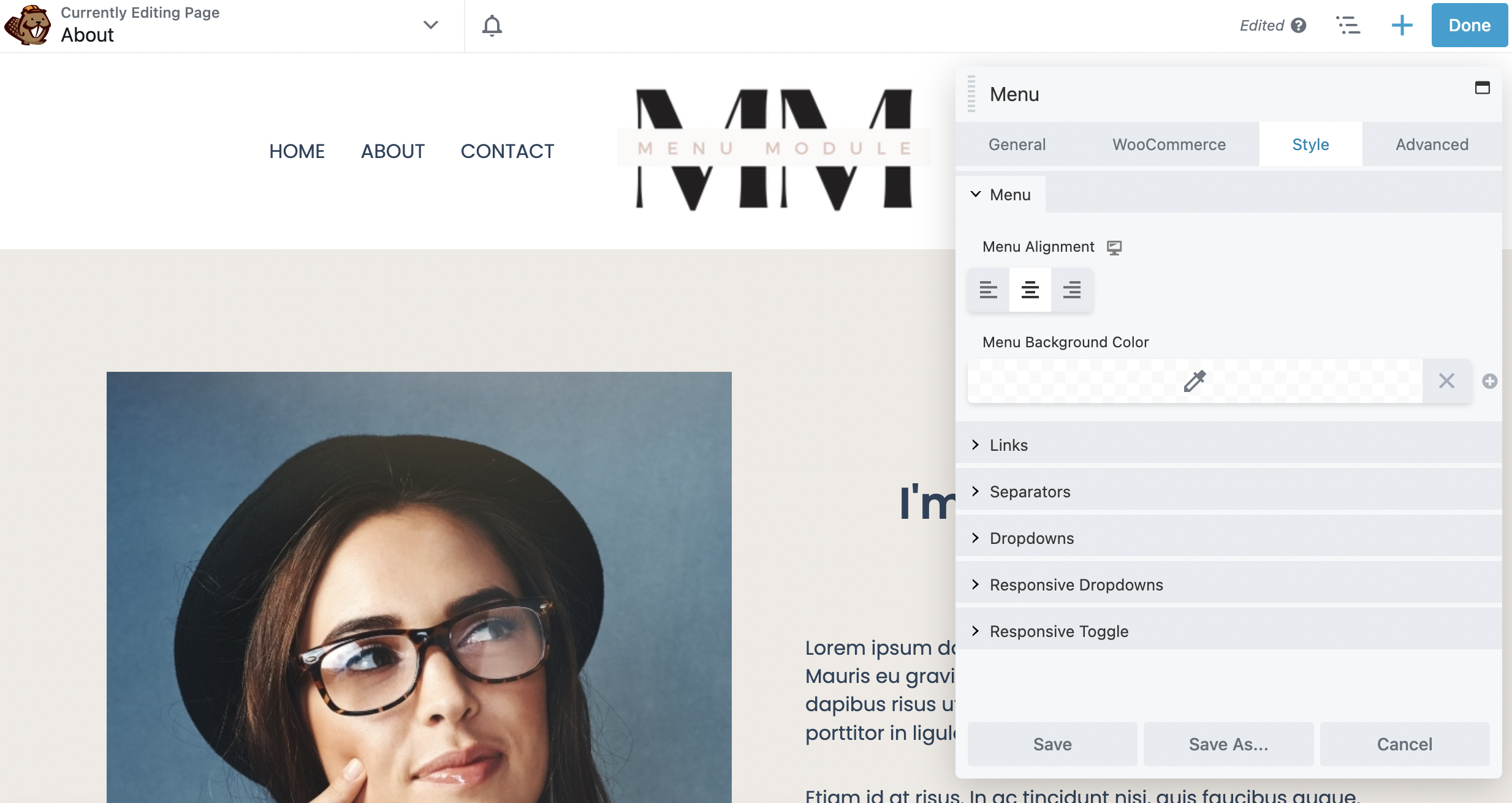 Beaver Builder menu module style tab