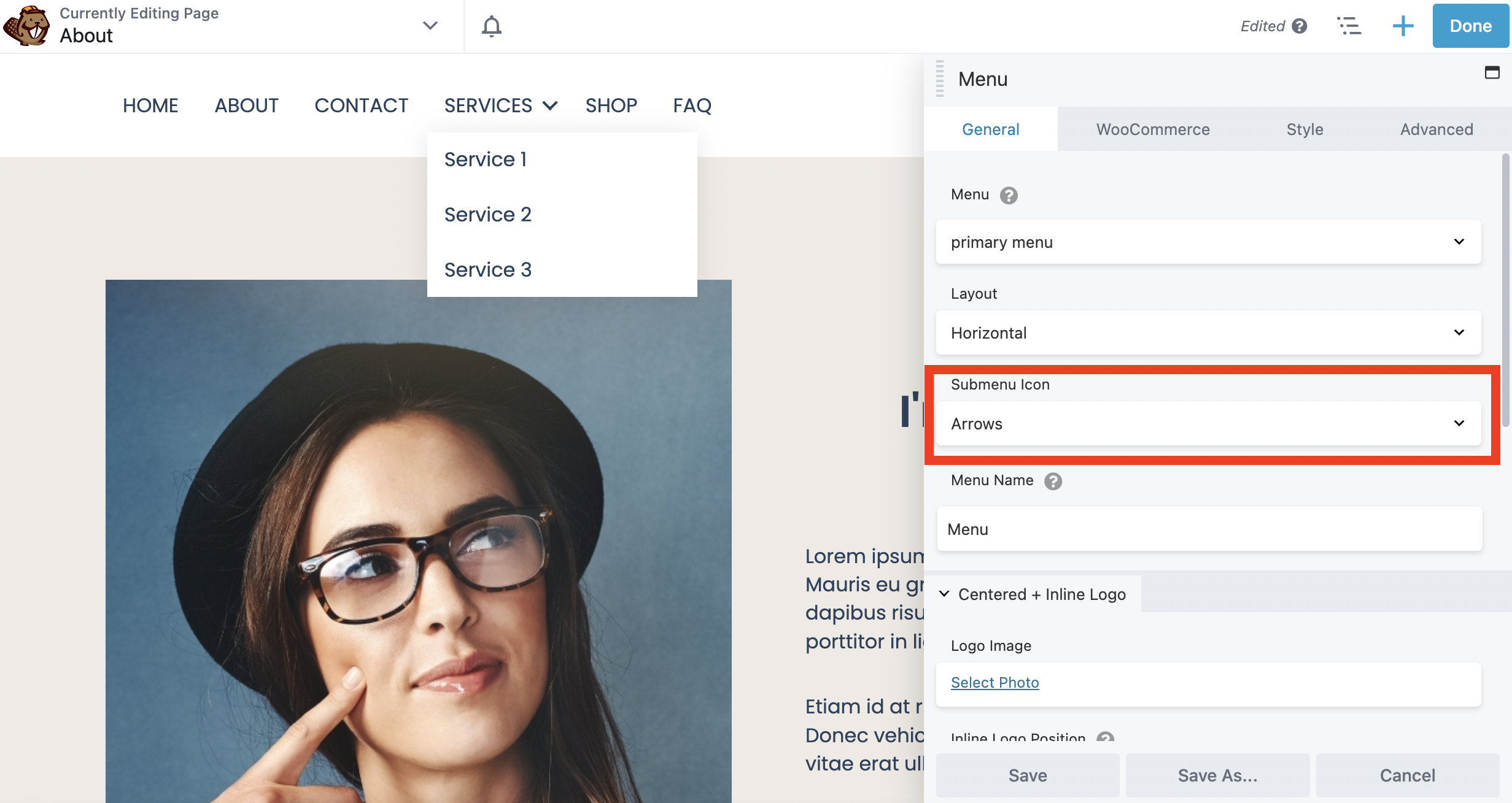 Beaver Builder menu module submenu icon