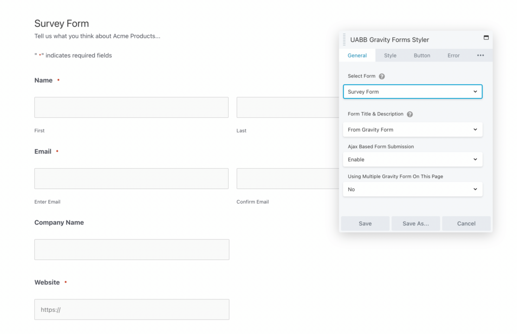 Form styler settings