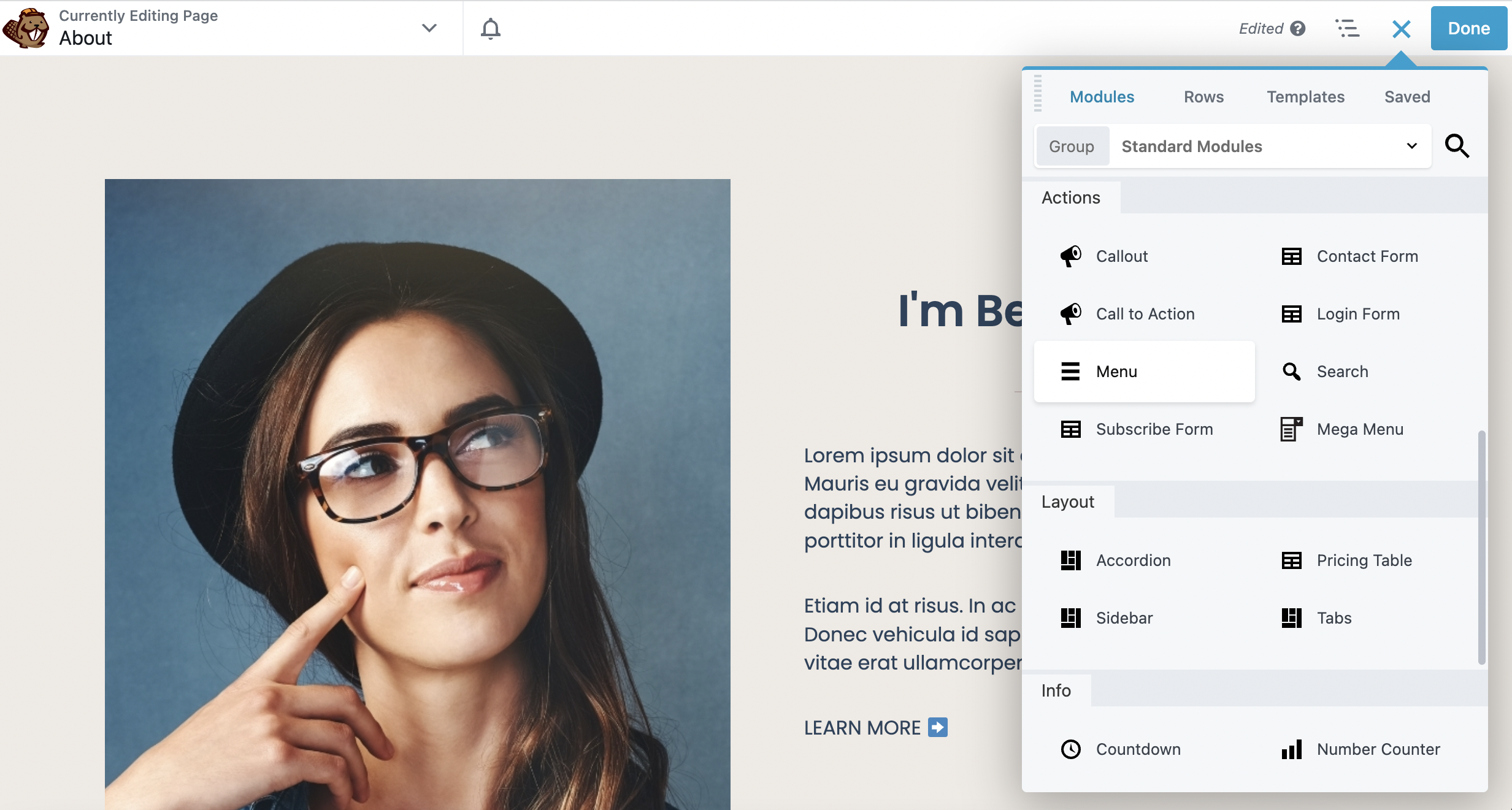 The Menu module in the Beaver Builder editor.