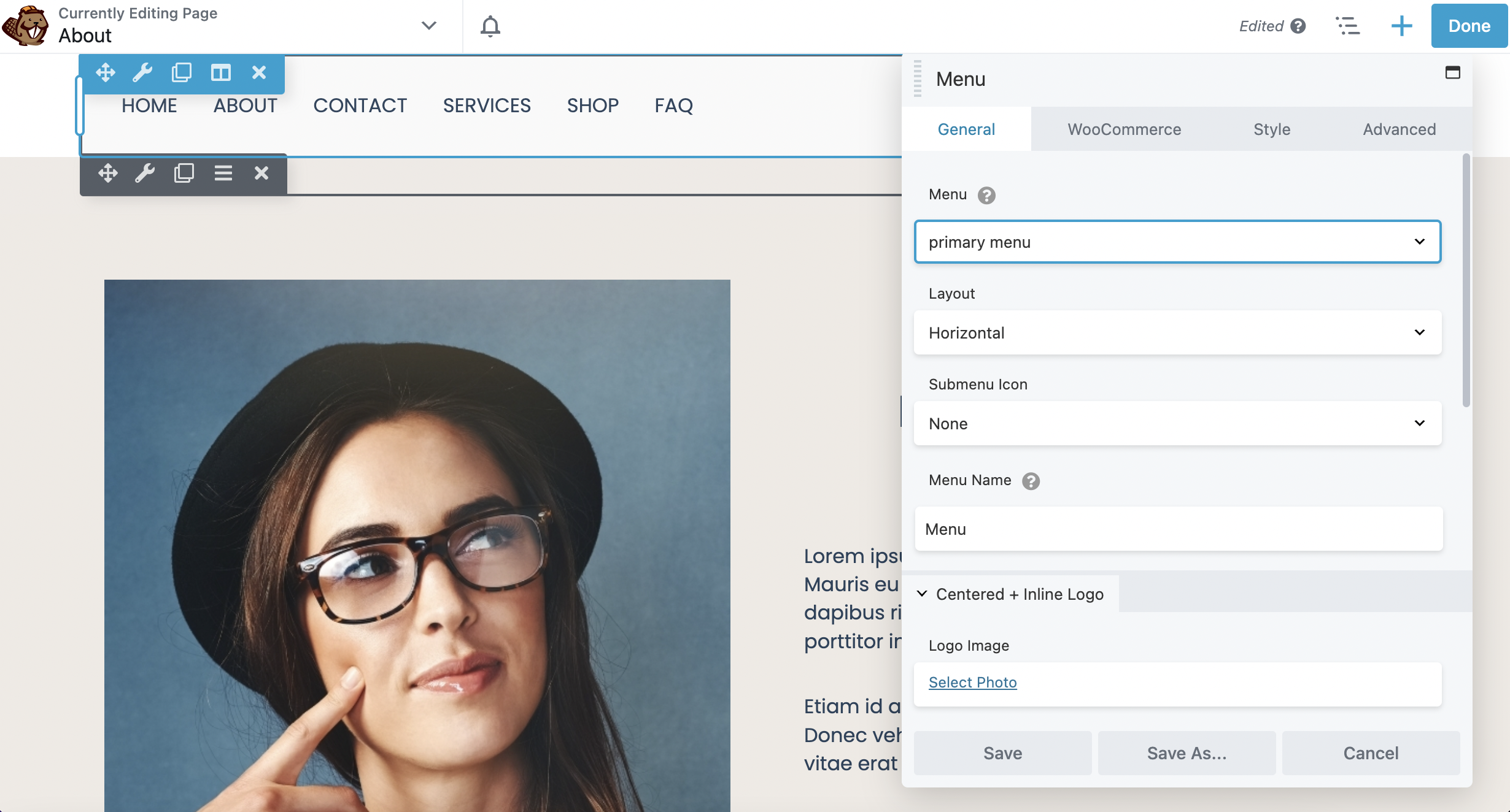 The Menu module in the Beaver Builder editor.
