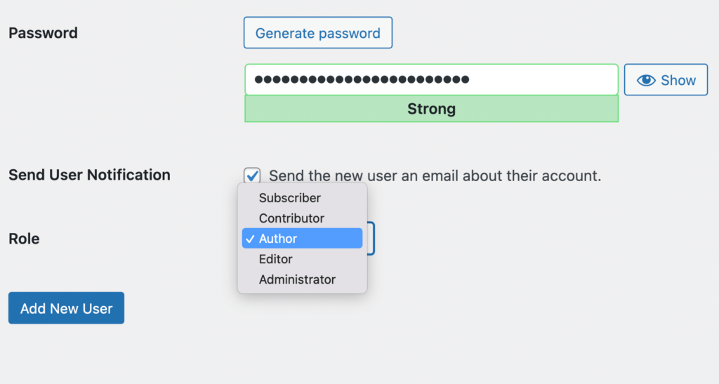 Adding a new user and author role.