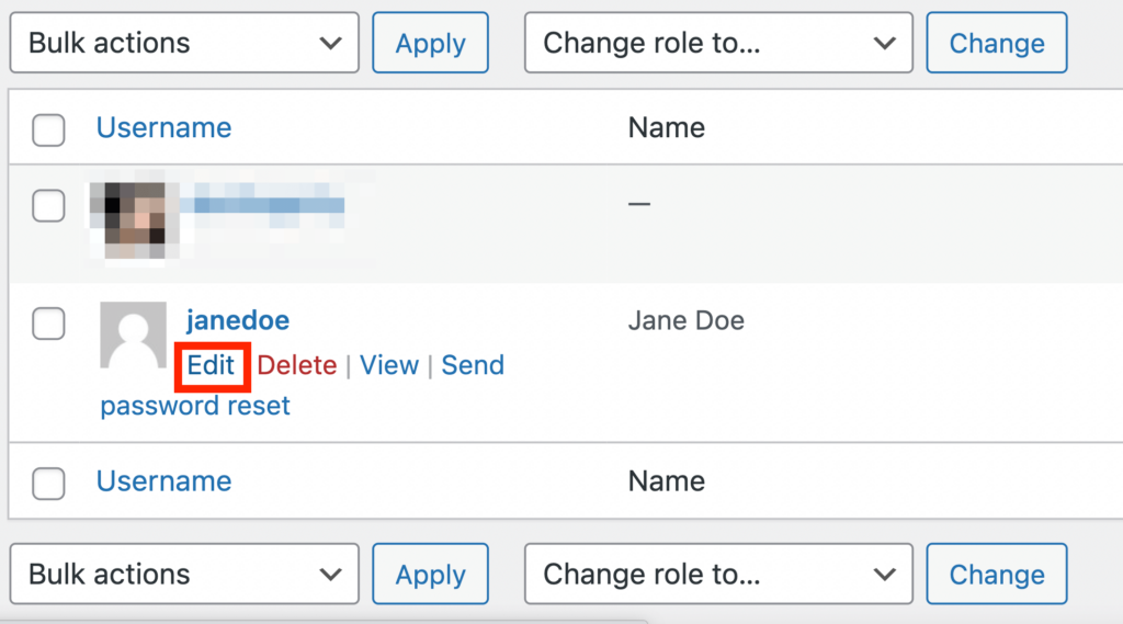 The Edit button highlighted in the User page.