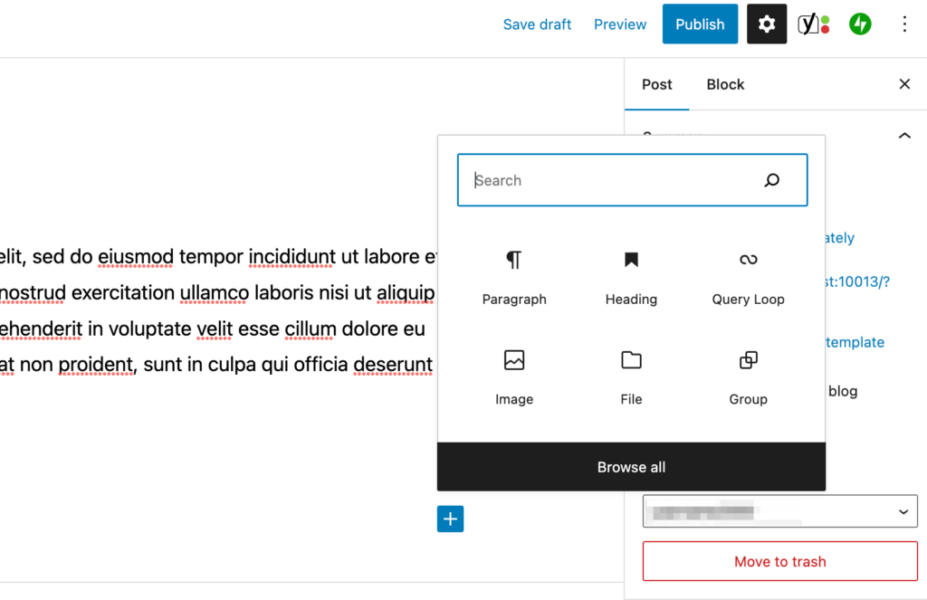 Showing an example of the Gutenberg block editor. 