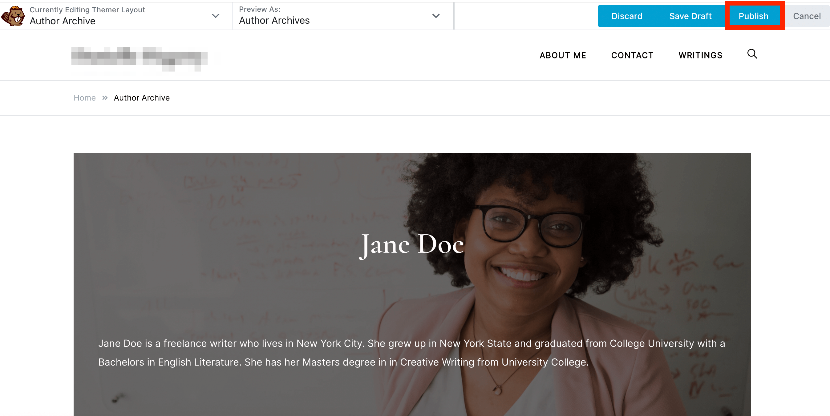 Publish highlighted in Beaver Builder.