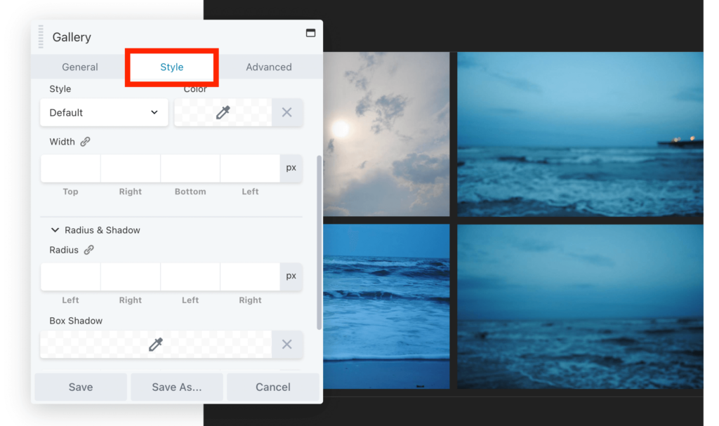 The Style tab in Galleries. 