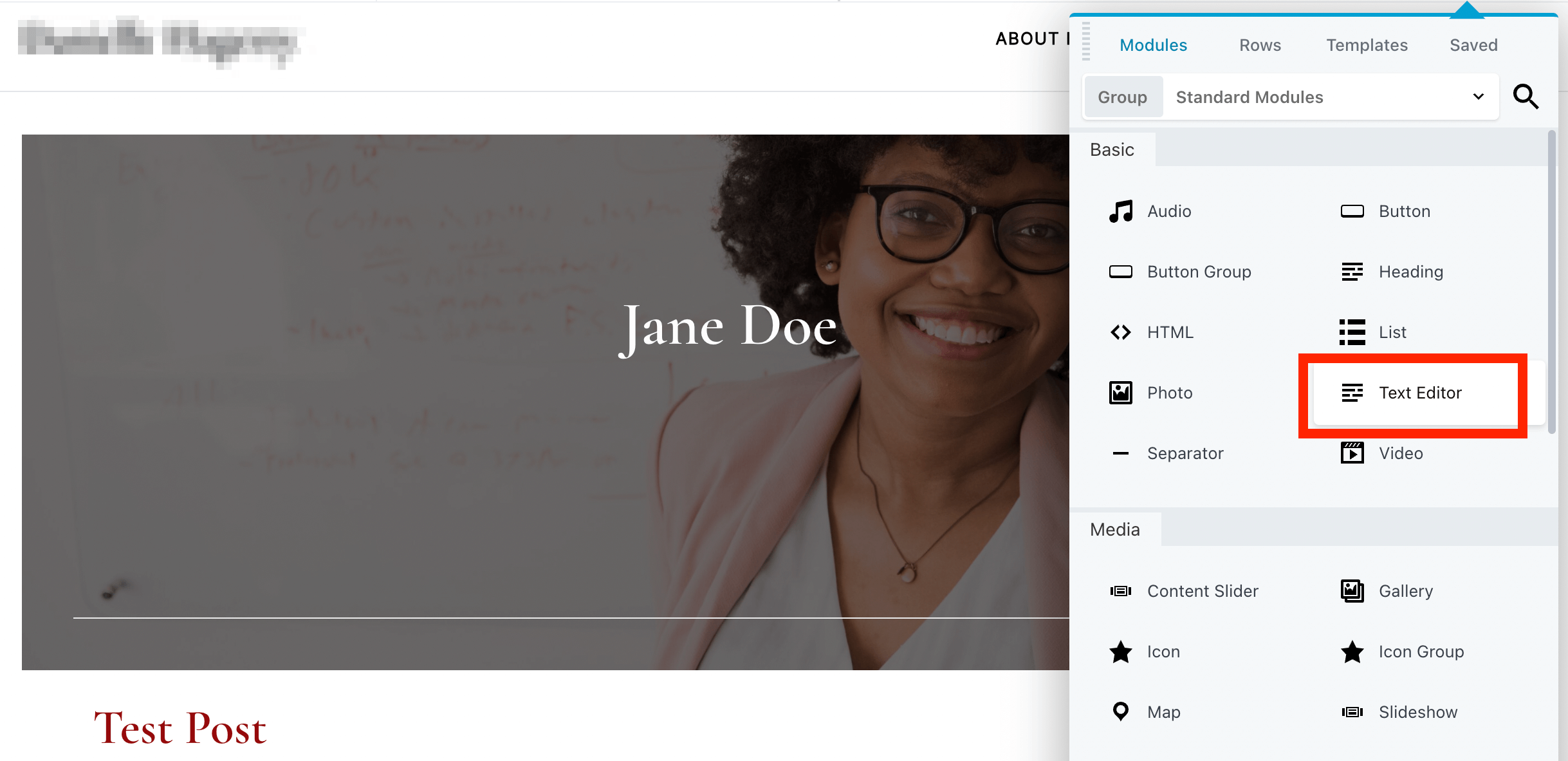 The Text Editor module highlighted in Beaver Builder.