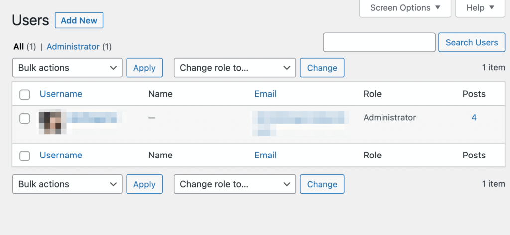 The Users page in WordPress.