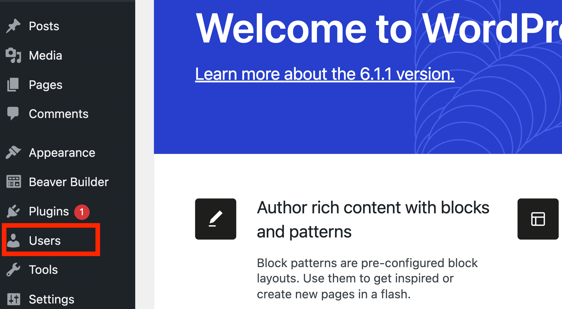 The WordPress dashboard with Users highlighted.