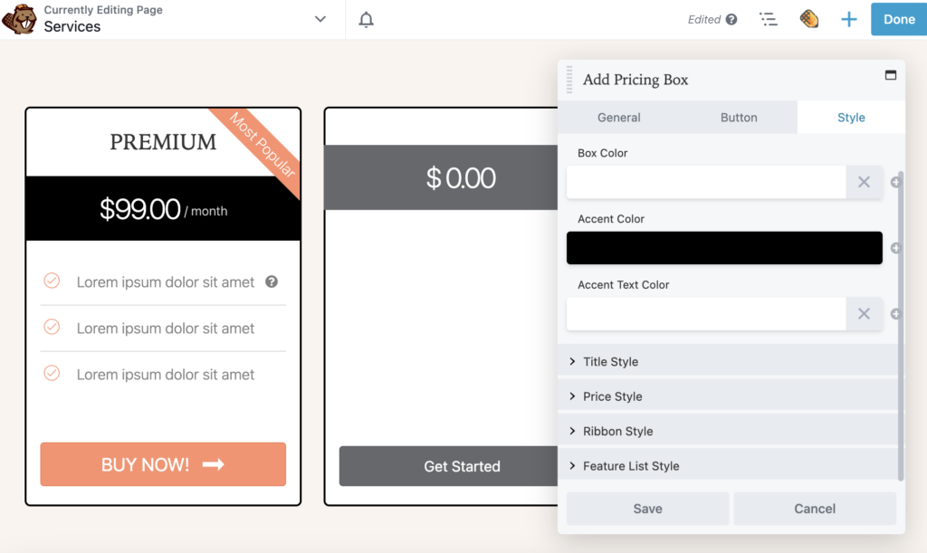 Beaver Builder Pricing Box style settings
