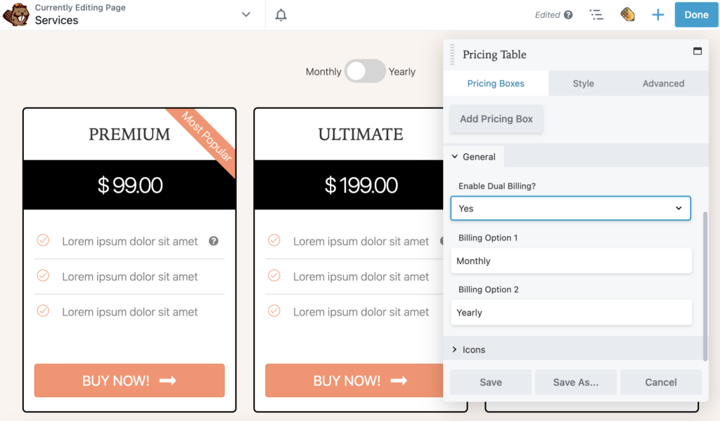 Beaver Builder Pricing Table module enable dual billing