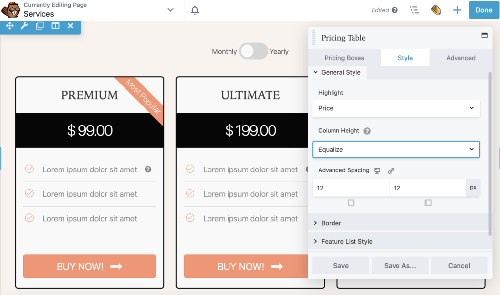 Beaver Builder Pricing Table module set column height