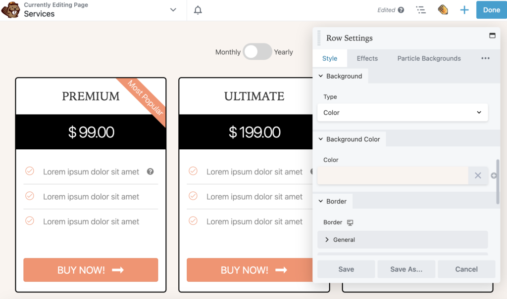 Beaver Builder pricing row background