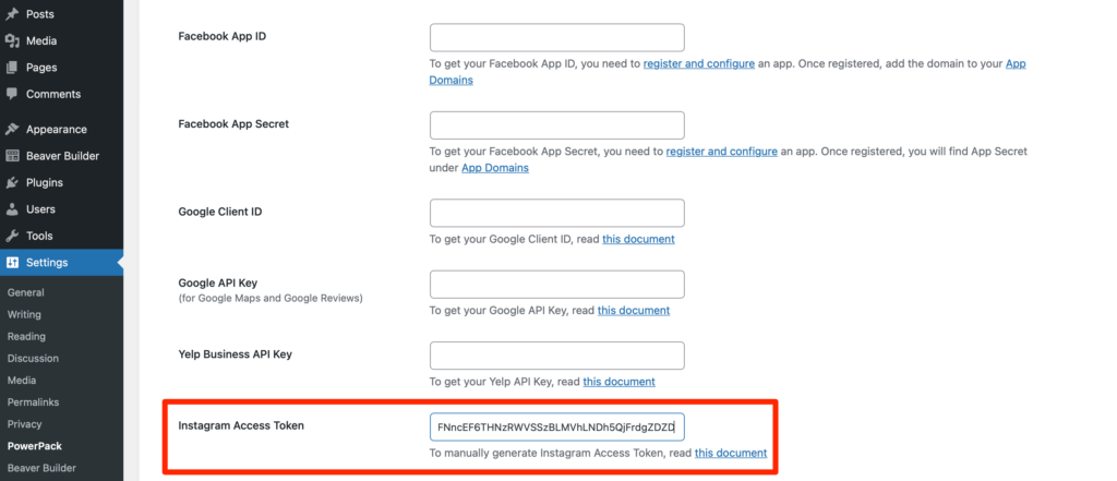 Enter your Instagram Access Token in PowerPack settings
