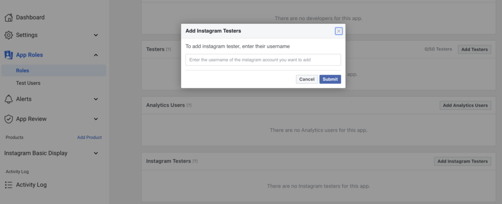 Add your Instagram username to Meta for Developers