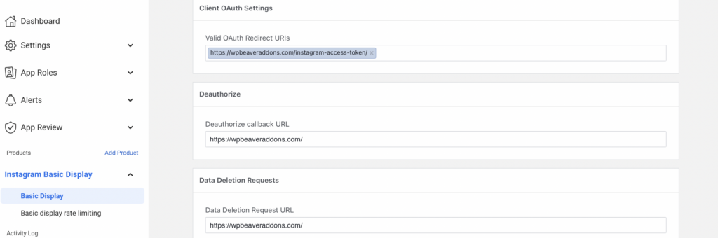 Add the URLs to your Basic Display app settings 