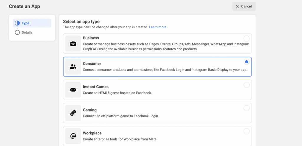 Select Consumer as your app type
