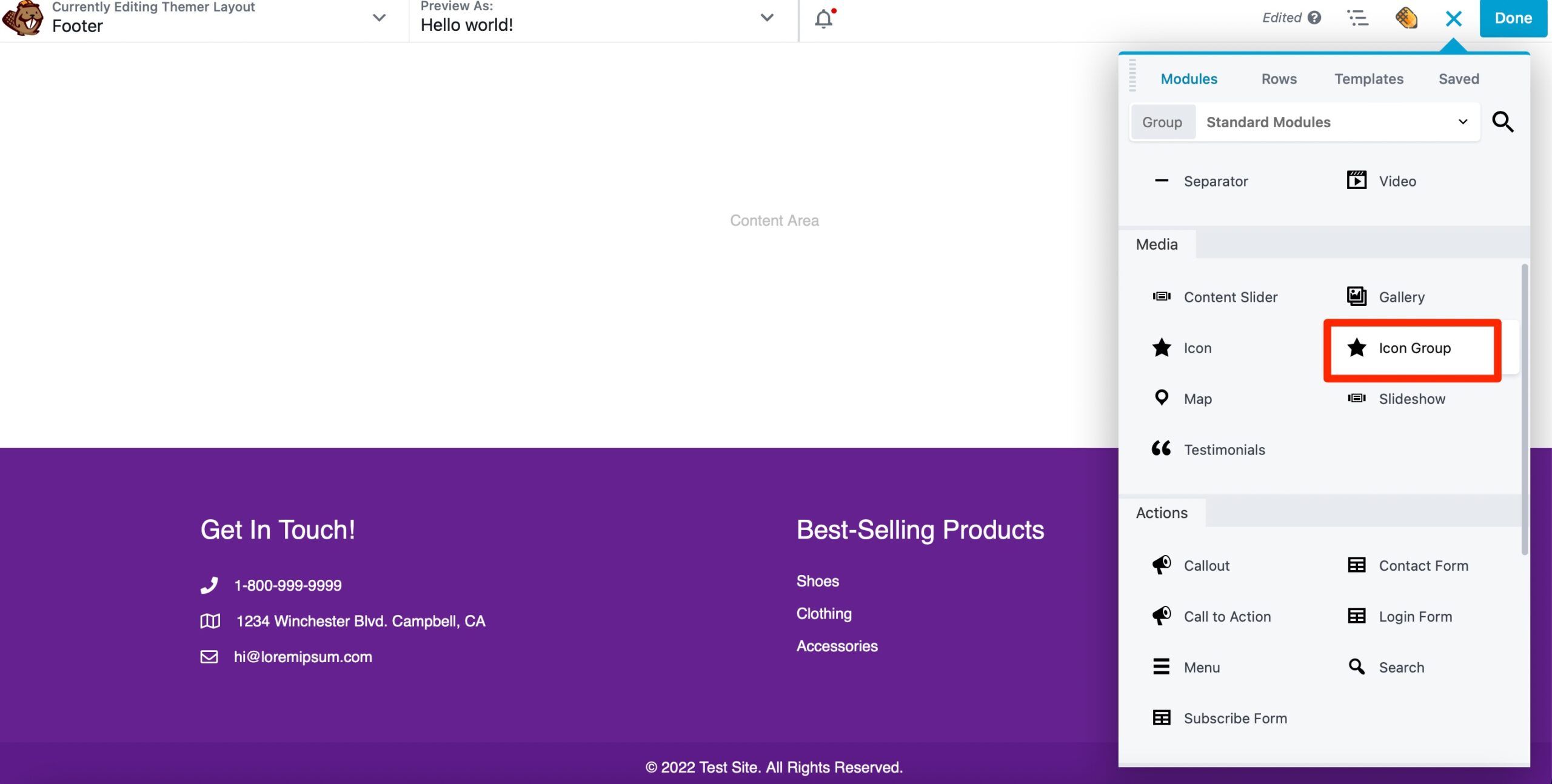 Adding the icon group module in Beaver Builder
