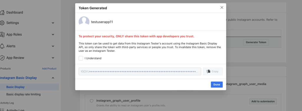 Instagram test user token
