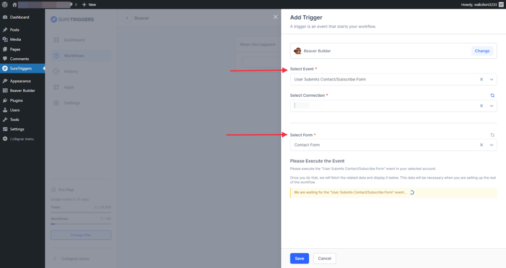 Select the Beaver Builder contact form in SureTriggers