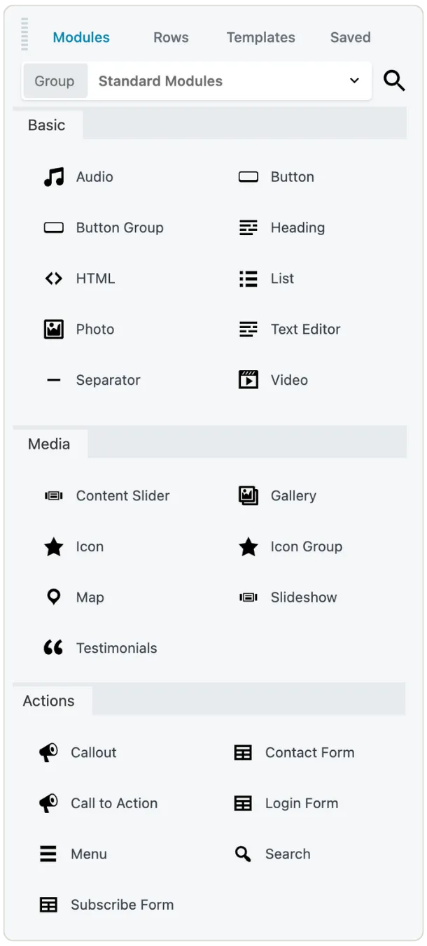 Beaver Builder module list screenshot