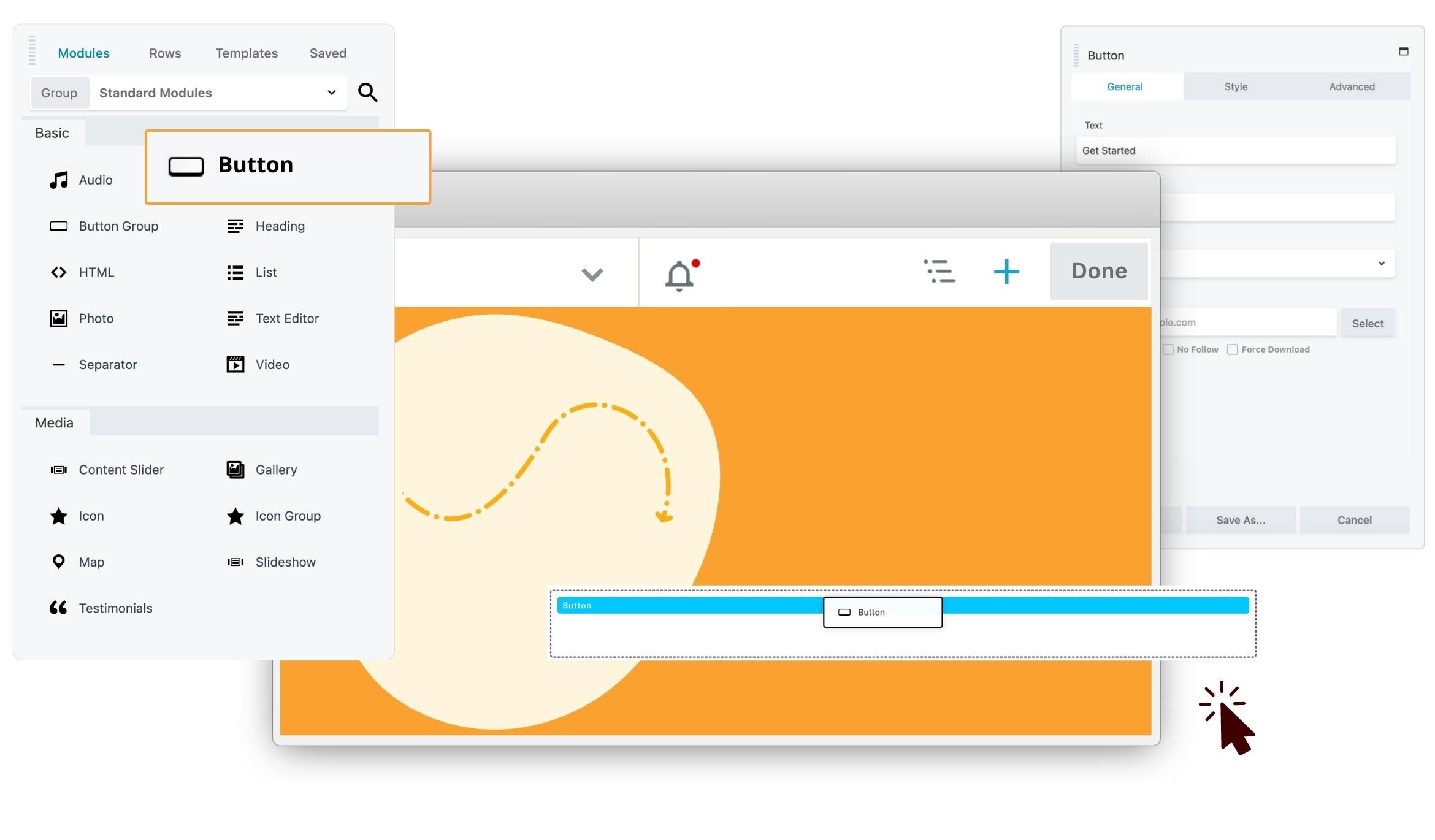 The Beaver Builder editor with the modules panel open, a Button module being placed on a page, and its settings panel.