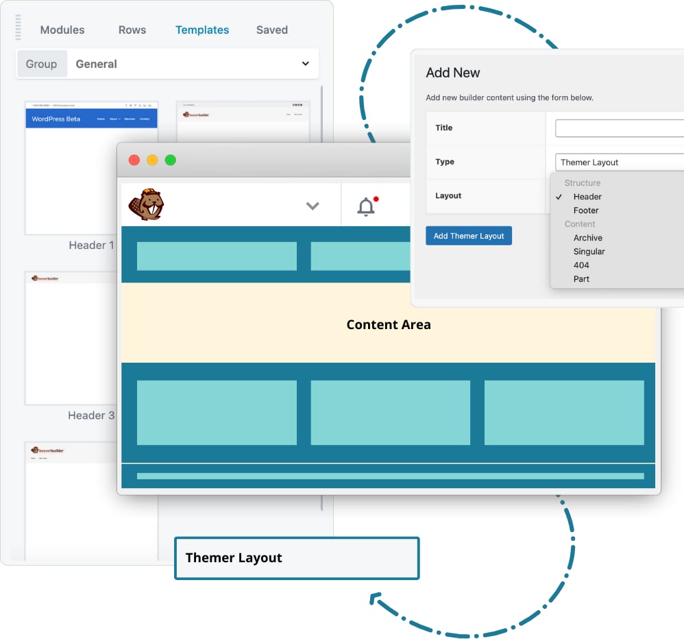 Beaver Themer interface showing header templates and available Themer layout types.