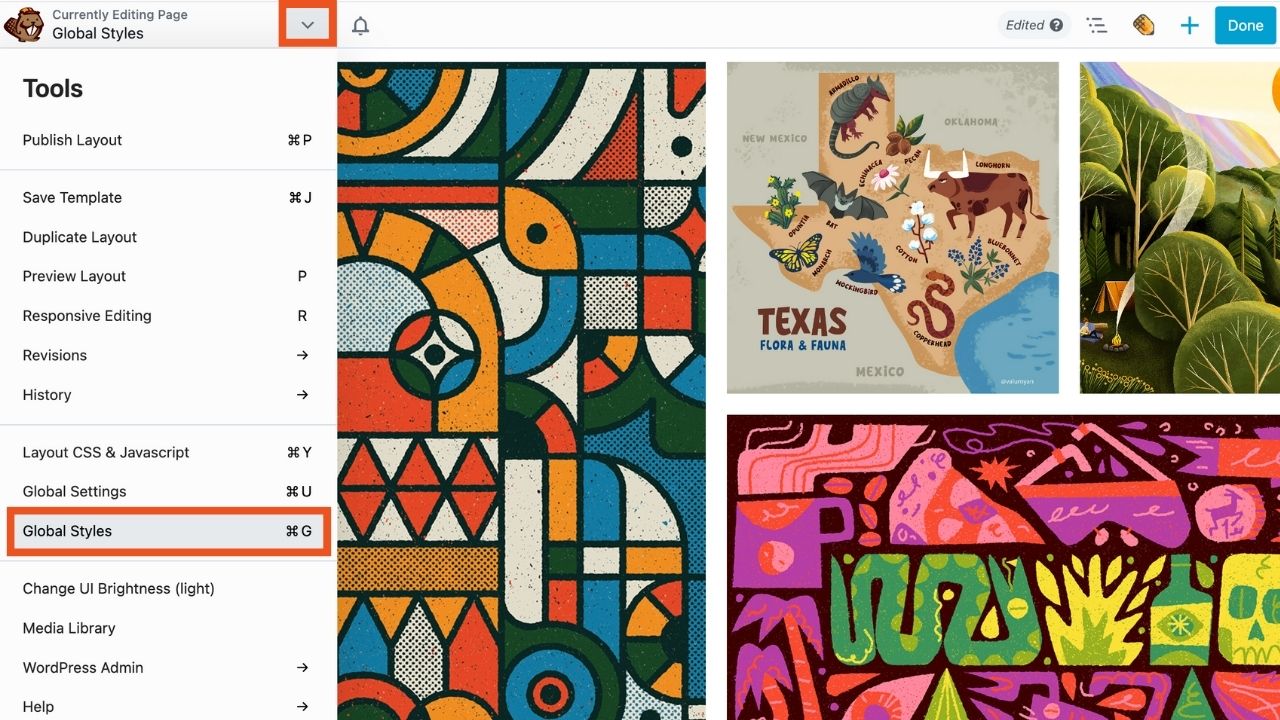 Beaver Builder 2.8 Global Styles - tools menu