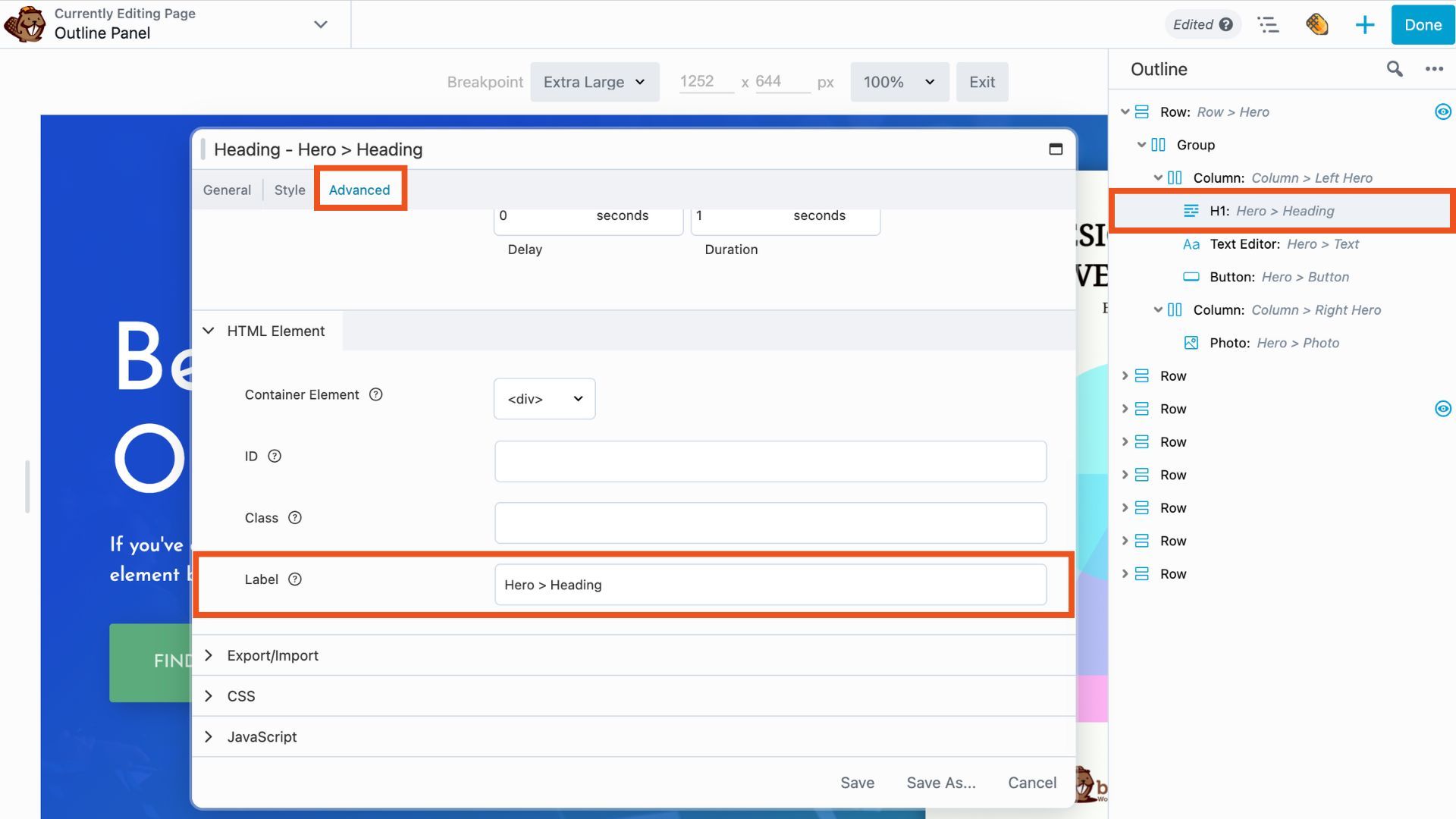 Beaver Builder Outline Panel - Advanced Tab Label Field