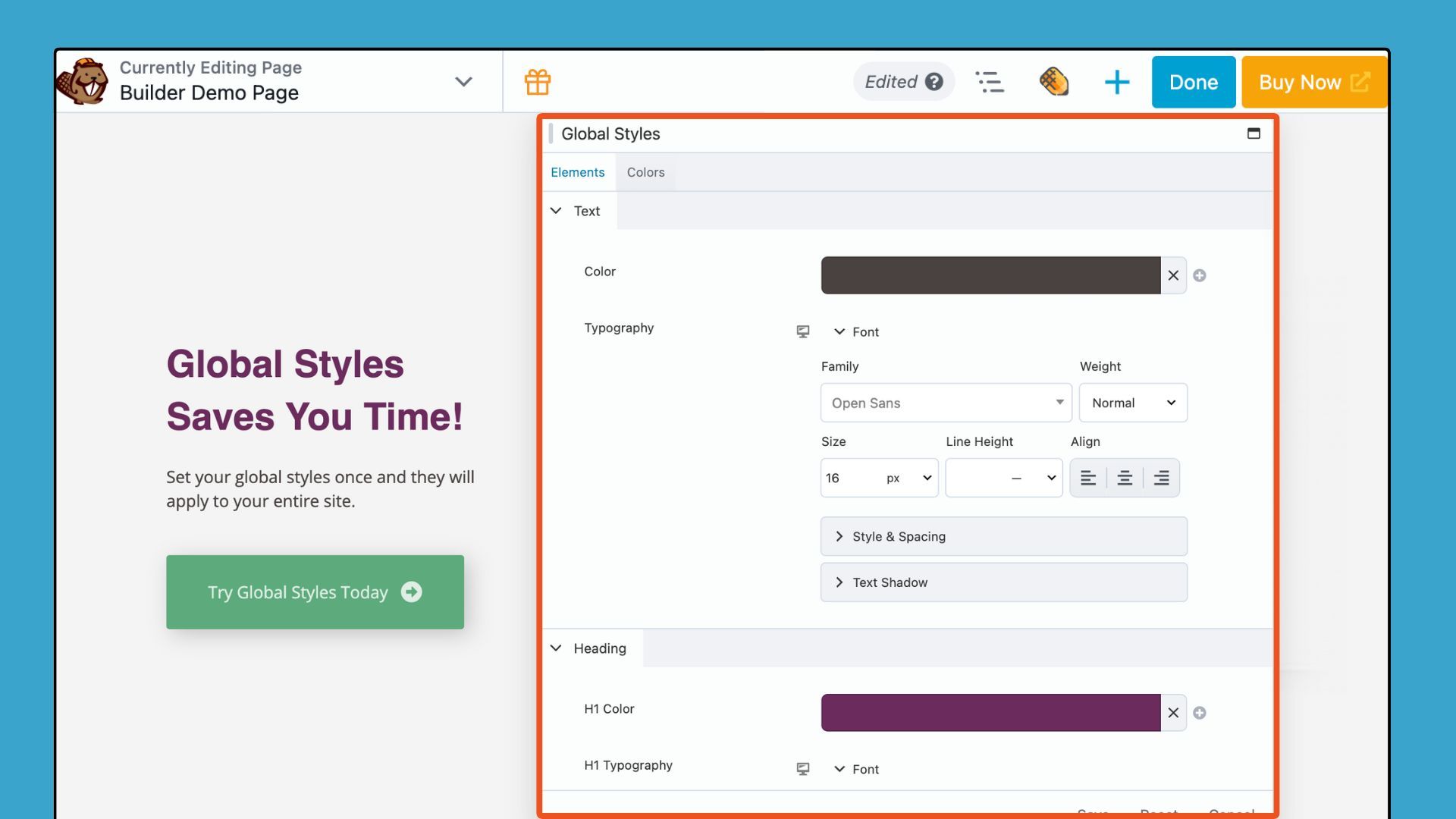 beaver builder global styles elements tab