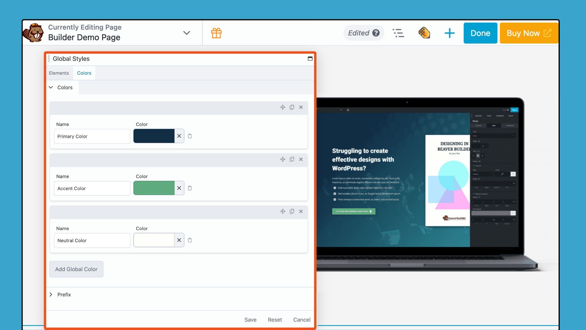 beaver builder global styles colors tab