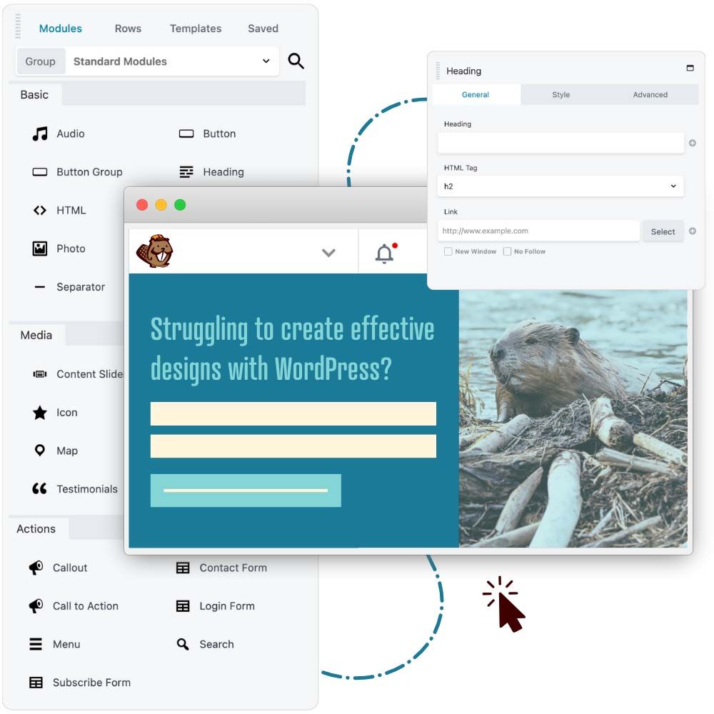 Beaver Builder interface showing the drag-and-drop modules menu and a live page preview.