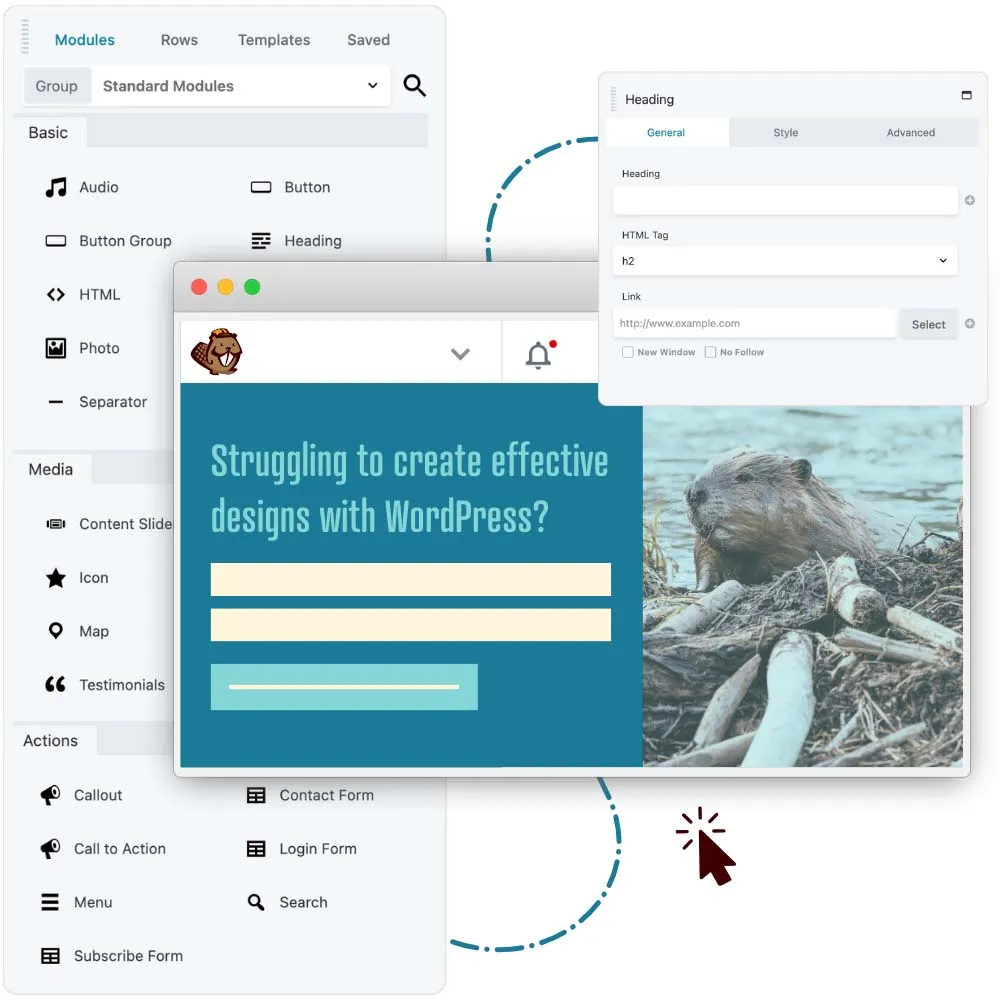 Beaver Builder interface showing the drag-and-drop modules menu and a live page preview.