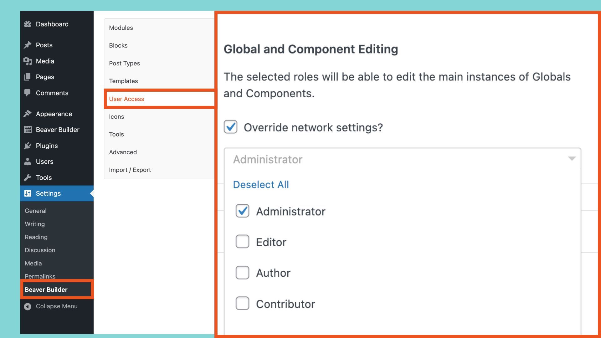 beaver builder components user access settings
