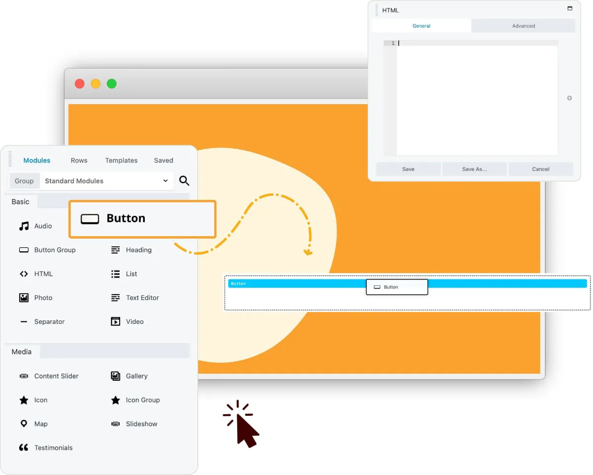 Beaver Builder's drag-and-drop interface showing a live page design with the modules panel open.