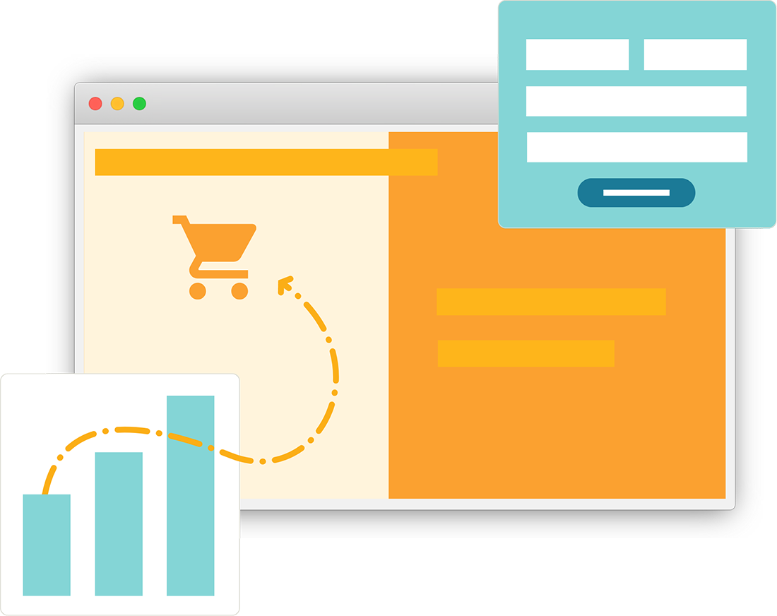 Illustration showing eCommerce and analytics integrations with Beaver Builder, featuring a shopping cart interface and bar chart graphics.