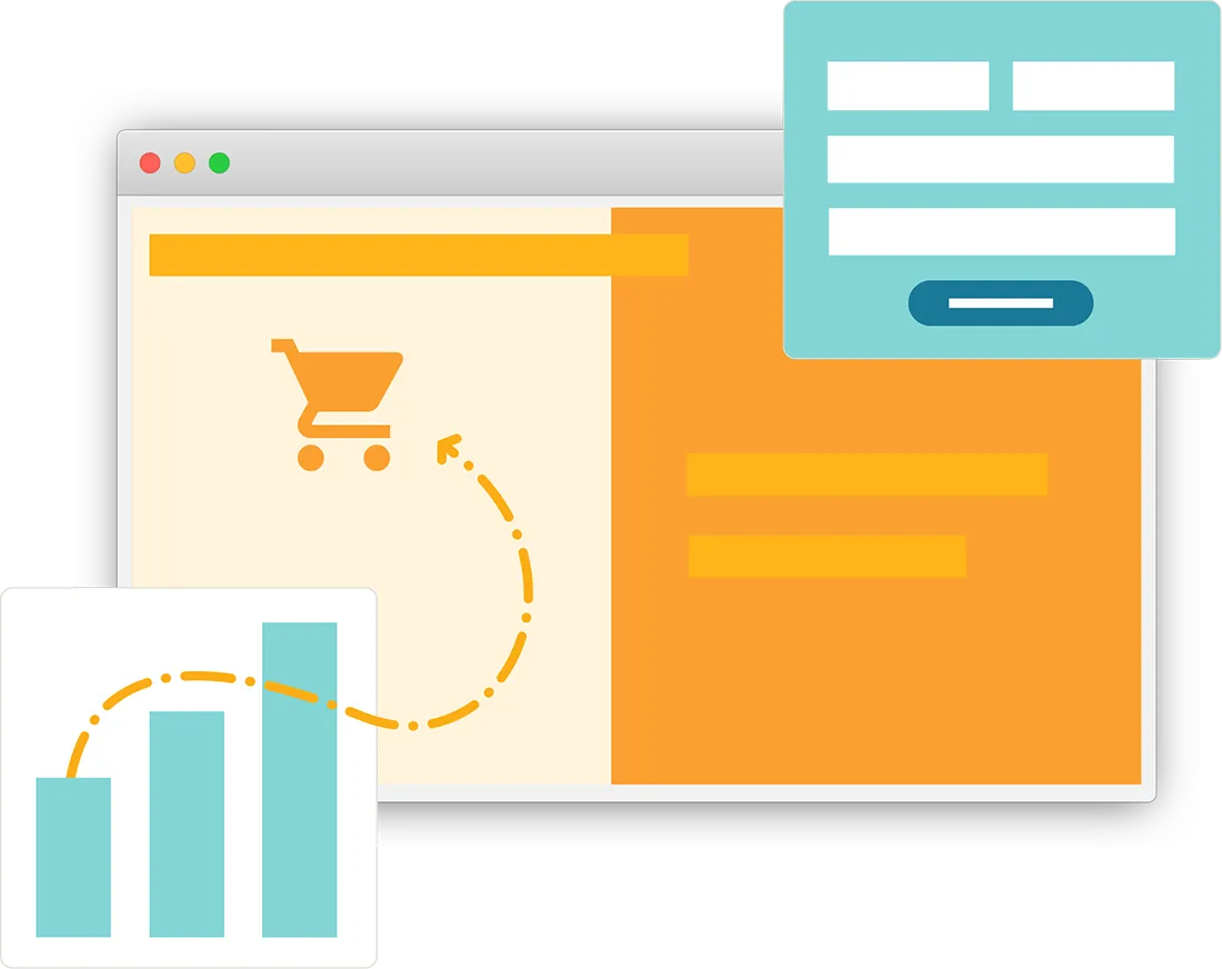Illustration showing eCommerce and analytics integrations with Beaver Builder, featuring a shopping cart interface and bar chart graphics.