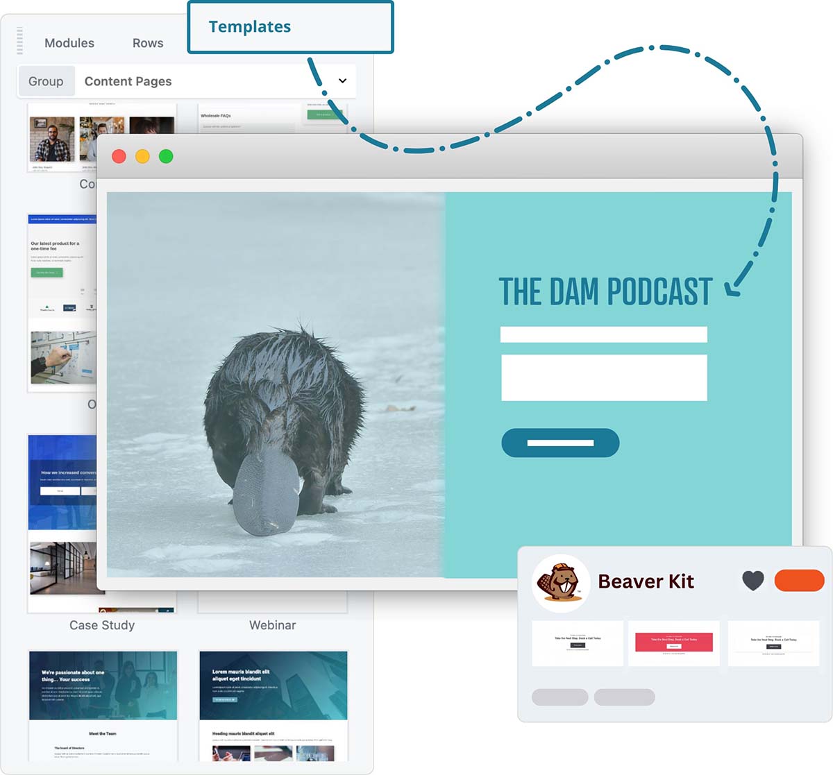 A collection of Beaver Builder website templates showing different page layouts and design styles.