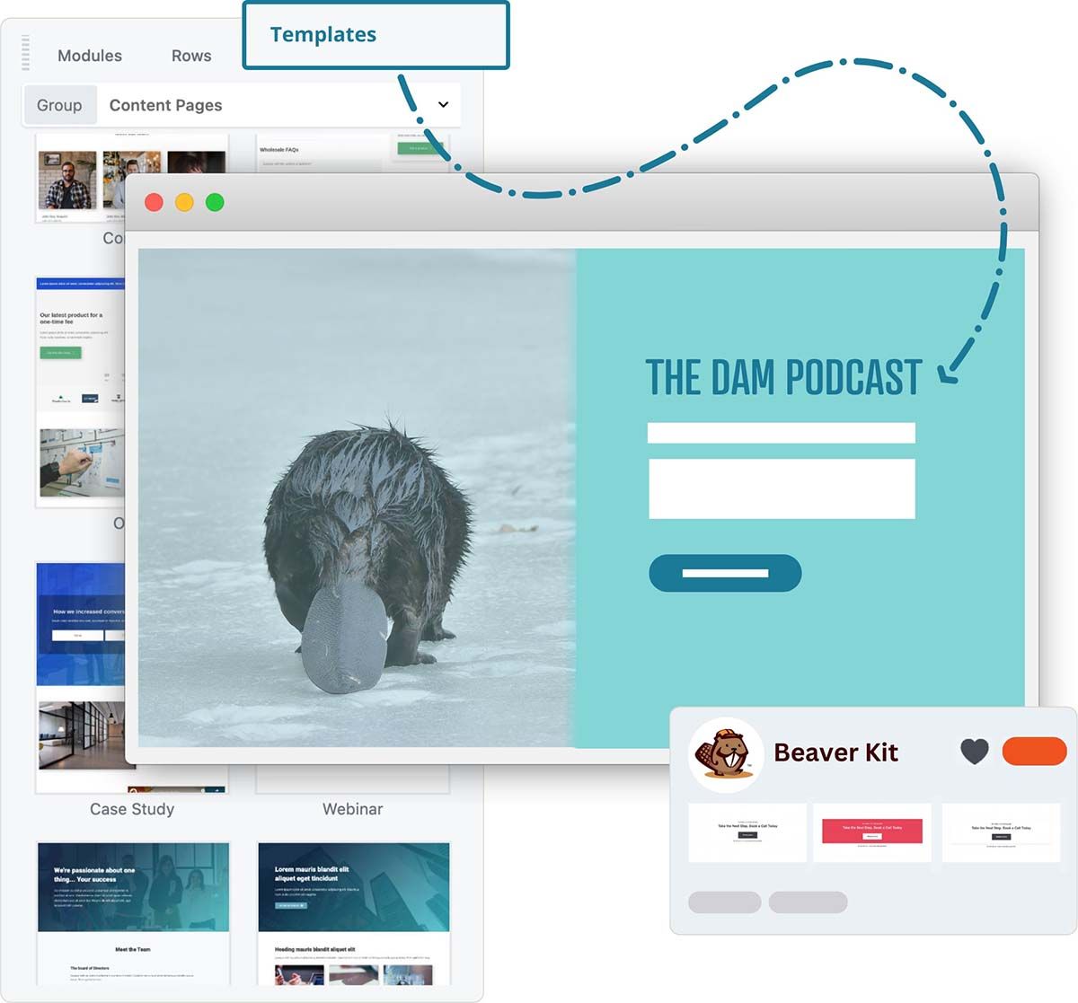 A collection of Beaver Builder website templates showing different page layouts and design styles.