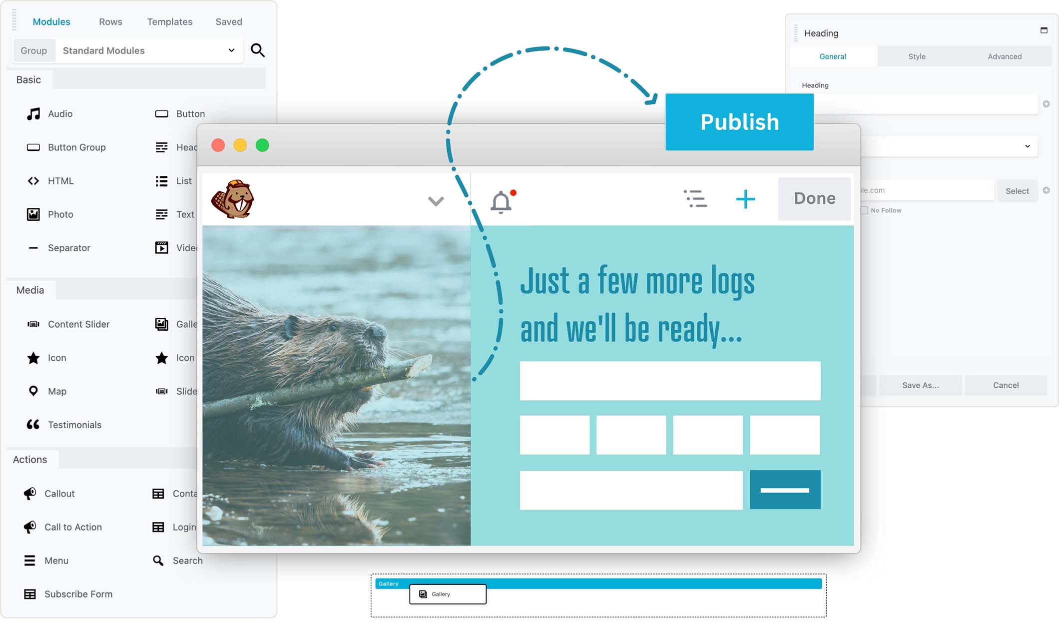 Beaver Builder drag-and-drop page builder interface showing a live page preview.