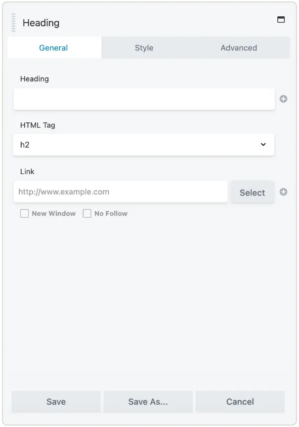 Beaver Builder heading module settings showing general configuration options including HTML tag selection.