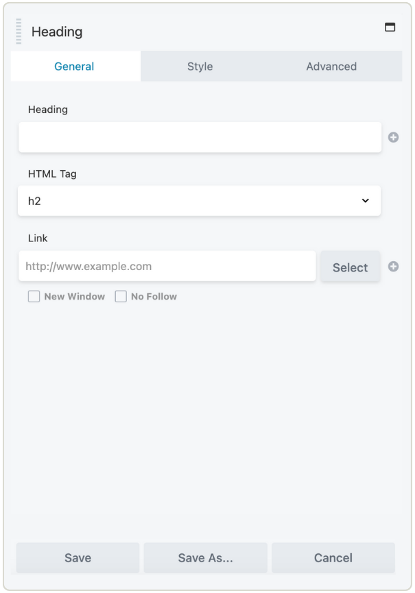 Beaver Builder heading module settings panel showing general, style, and advanced configuration options.