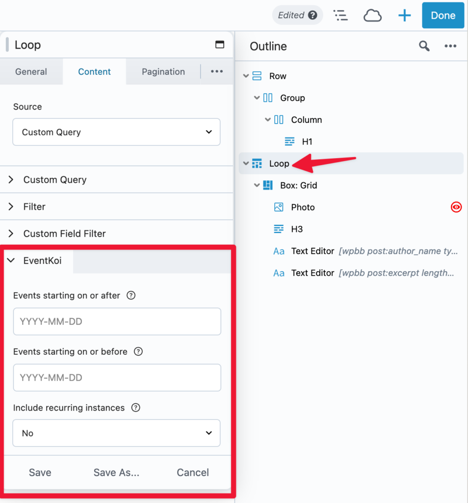 beaver builder loop module and eventkoi plugin