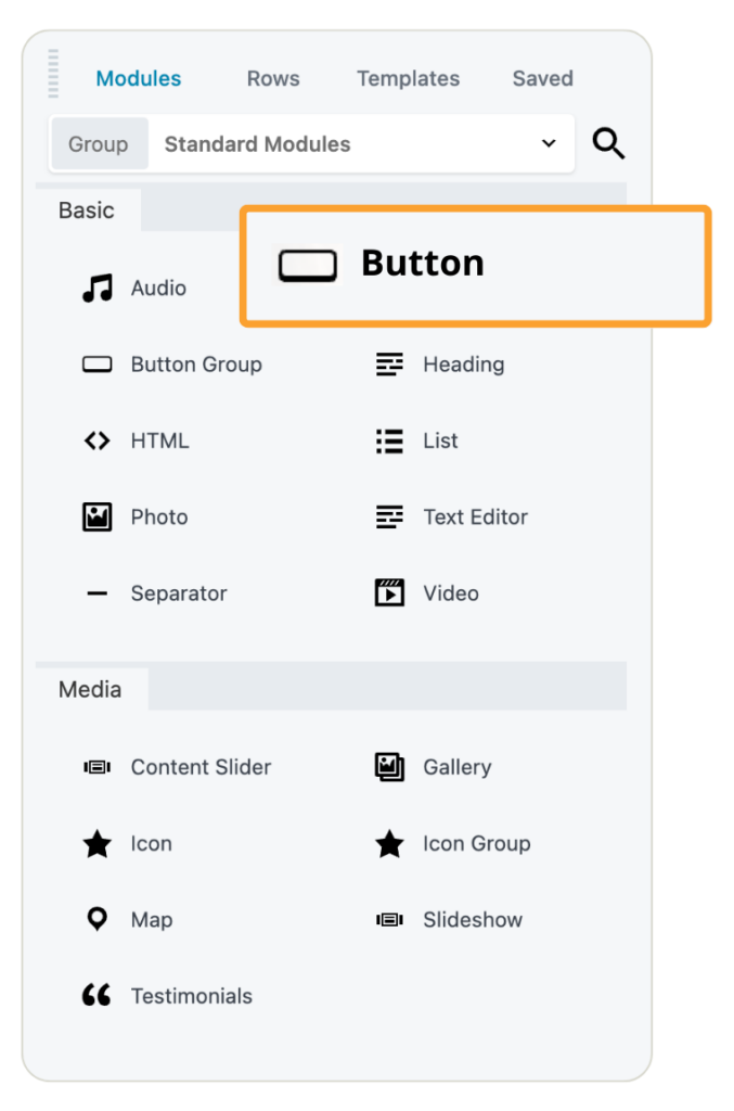 Beaver Builder modules panel showing the Button module selected from the standard modules list.
