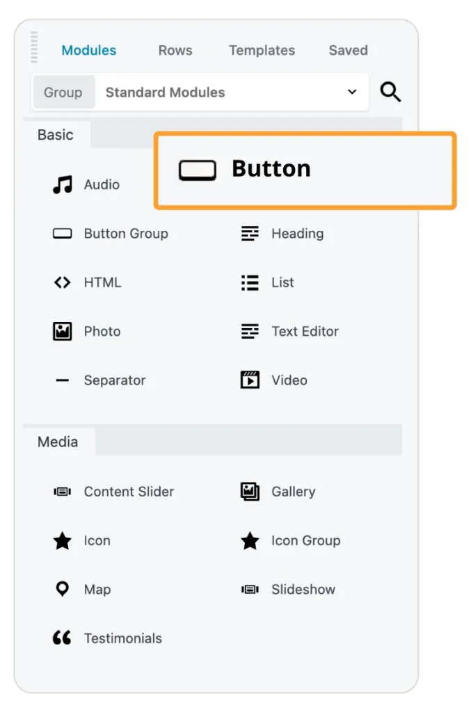 Beaver Builder modules panel showing the Button module selected from the standard modules list.