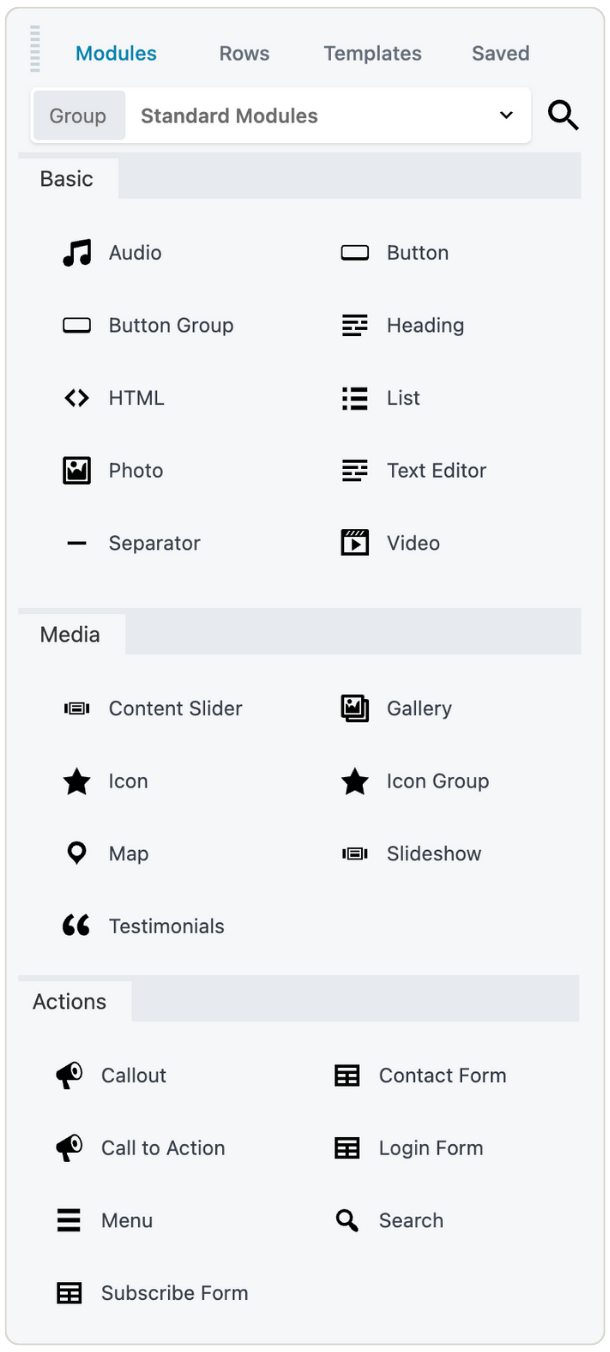 Beaver Builder modules panel showing drag-and-drop elements including audio, button, photo, and other page building options.